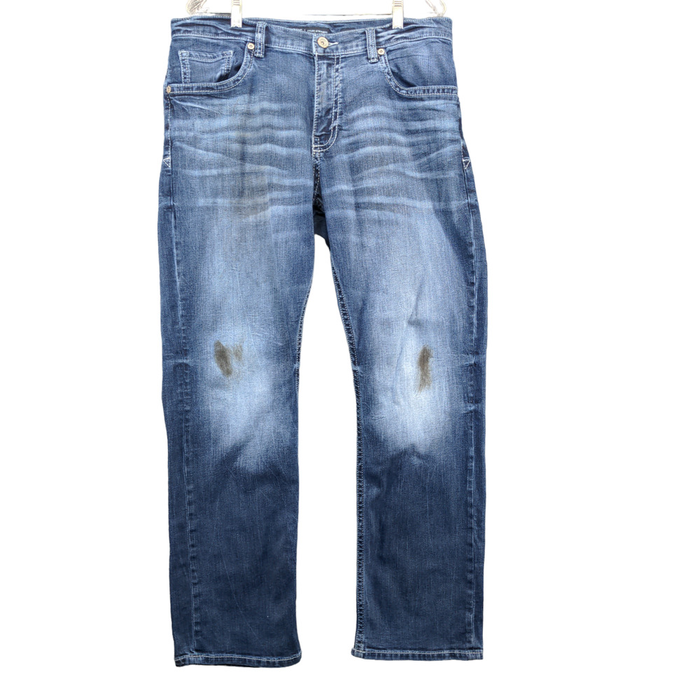 BKE Men's Tyler Straight Leg Jeans Blue 36x32 Faded Whiskers Medium Wash Denim